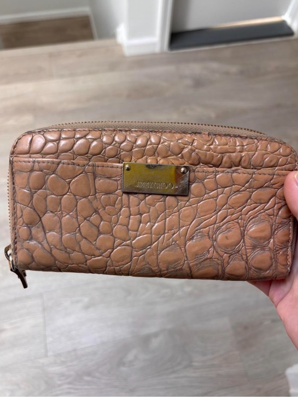 Jimmy Choo Tan Croc-Embossed Zip Around Wallet with Gold Plate
